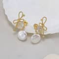 925 Sterling Silver Baroque Freshwater Pearl 14K Gold Plated Bow Stud Earrings 2
