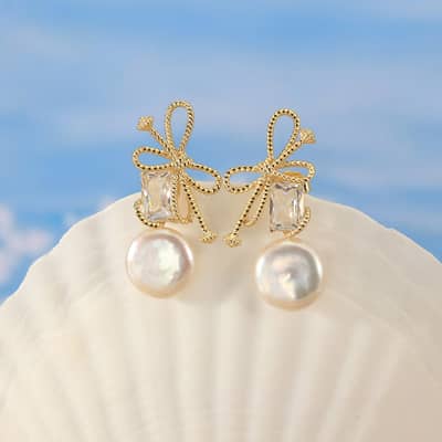 925 Sterling Silver Baroque Freshwater Pearl 14K Gold Plated Bow Stud Earrings detail 4