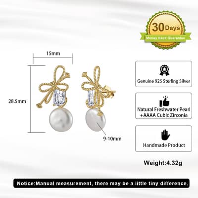 925 Sterling Silver Baroque Freshwater Pearl 14K Gold Plated Bow Stud Earrings detail 5