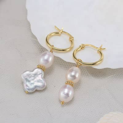 925 Silver Four-Leaf Clover Pearl Earrings 14K Gold Plated Freshwater Pearl detail 1
