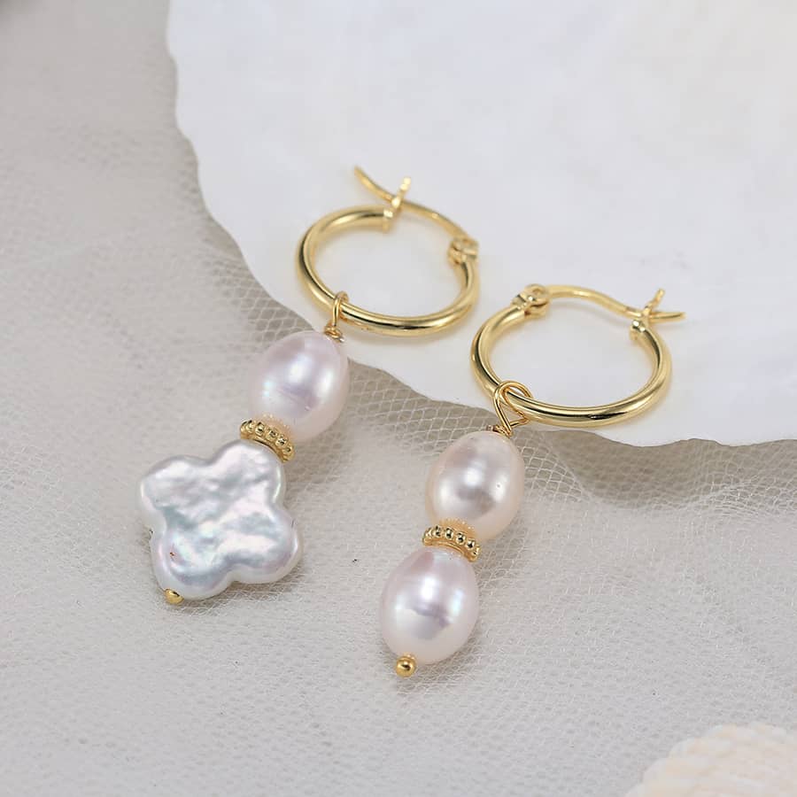 925 Silver Four-Leaf Clover Pearl Earrings 14K Gold Plated Freshwater Pearl - main