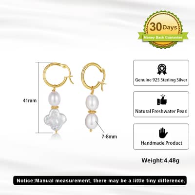 925 Silver Four-Leaf Clover Pearl Earrings 14K Gold Plated Freshwater Pearl detail 5
