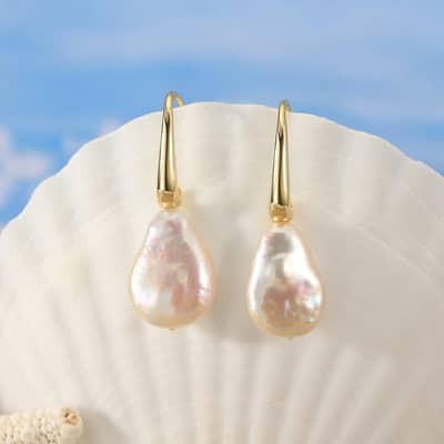 925 Silver 14K Gold Plated Thin Baroque Pearl Charm Huggie Large Earrings detail 1