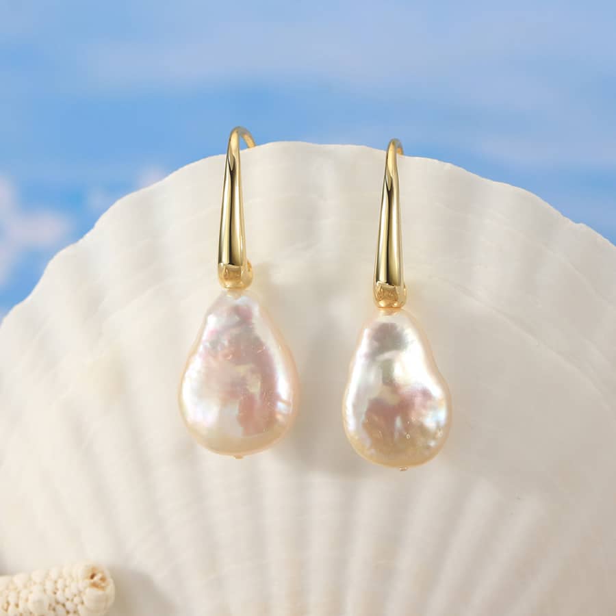 925 Silver 14K Gold Plated Thin Baroque Pearl Charm Huggie Large Earrings - main