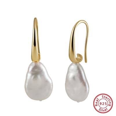 925 Silver 14K Gold Plated Thin Baroque Pearl Charm Huggie Large Earrings detail 5