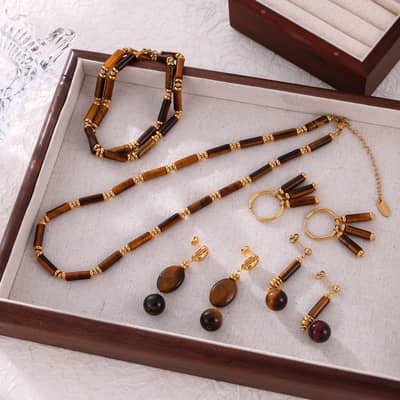 Tiger Eye Stone Waterproof Stainless Steel 18K Gold PVD Coating Jewelry Set detail 1