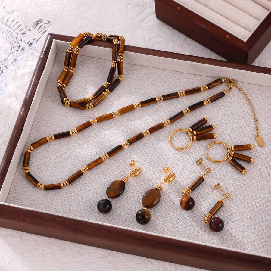 Tiger Eye Stone Waterproof Stainless Steel 18K Gold PVD Coating Jewelry Set - main