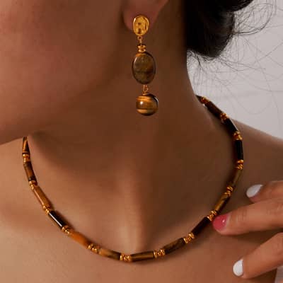 Tiger Eye Stone Waterproof Stainless Steel 18K Gold PVD Coating Jewelry Set detail 2