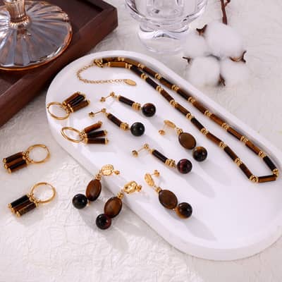 Tiger Eye Stone Waterproof Stainless Steel 18K Gold PVD Coating Jewelry Set detail 3