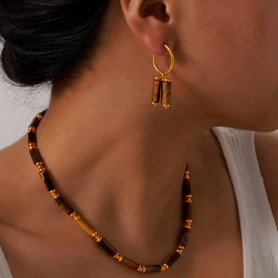 Tiger Eye Stone Waterproof Stainless Steel 18K Gold PVD Coating Jewelry Set detail 4
