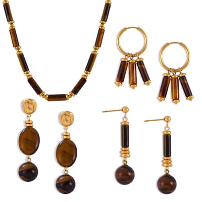 Tiger Eye Stone Waterproof Stainless Steel 18K Gold PVD Coating Jewelry Set detail 5