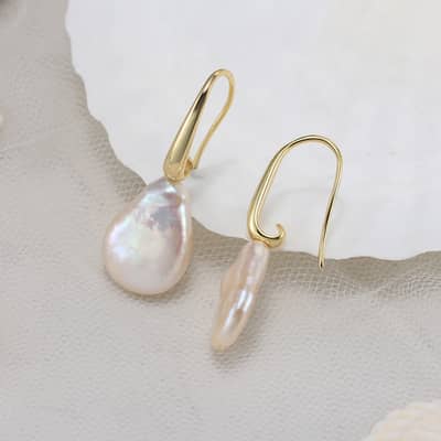 Wedding Bridal Stud Earrings Baroque Mabe Pearl 925 Silver Gold Plated detail 1