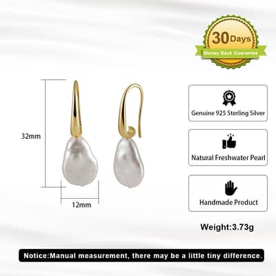 Wedding Bridal Stud Earrings Baroque Mabe Pearl 925 Silver Gold Plated detail 4