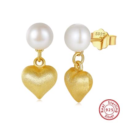 Vintage Trendy 14K Gold Plated Heart Shape Pearl Pendant Earrings detail 5
