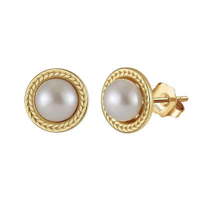 Trendy White Freshwater Pearl Stud Earrings 925 Sterling Silver 6mm Gold Plated Button Cultured Pearls detail 1