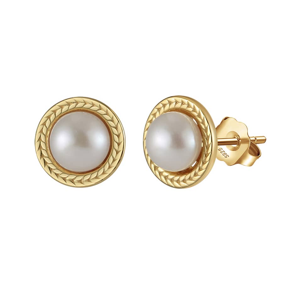 Trendy White Freshwater Pearl Stud Earrings 925 Sterling Silver 6mm Gold Plated Button Cultured Pearls - main