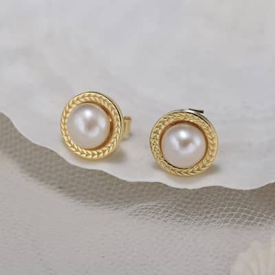 Trendy White Freshwater Pearl Stud Earrings 925 Sterling Silver 6mm Gold Plated Button Cultured Pearls detail 2