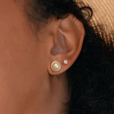 Trendy White Freshwater Pearl Stud Earrings 925 Sterling Silver 6mm Gold Plated Button Cultured Pearls detail 3