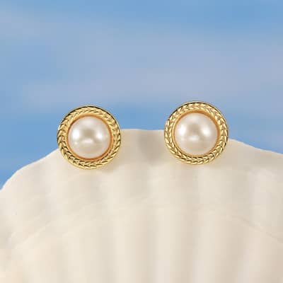 Trendy White Freshwater Pearl Stud Earrings 925 Sterling Silver 6mm Gold Plated Button Cultured Pearls detail 4