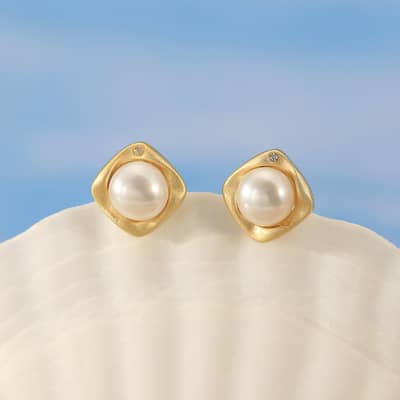 6mm Freshwater Cultured Pearl 14K Gold Plated White Genuine Natural Pearl Stud Earrings detail 1