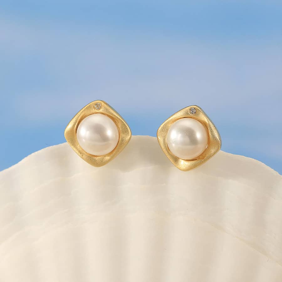 6mm Freshwater Cultured Pearl 14K Gold Plated White Genuine Natural Pearl Stud Earrings - main
