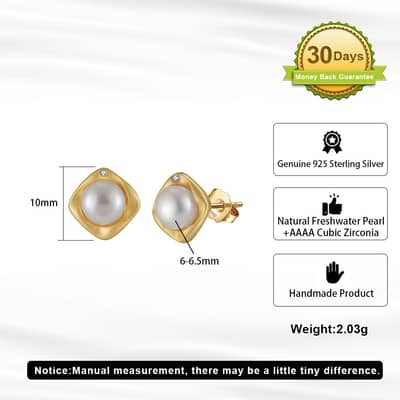 6mm Freshwater Cultured Pearl 14K Gold Plated White Genuine Natural Pearl Stud Earrings detail 4