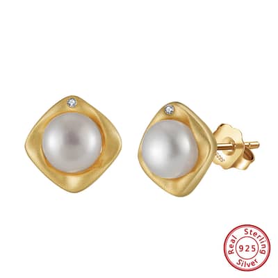 6mm Freshwater Cultured Pearl 14K Gold Plated White Genuine Natural Pearl Stud Earrings detail 6