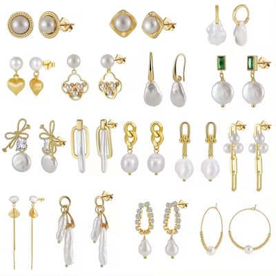 14K Gold Plated Pearl Dangle Stud Earrings Set Fashionable Freshwater Pearl detail 1