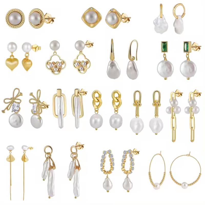 14K Gold Plated Pearl Dangle Stud Earrings Set Fashionable Freshwater Pearl - main