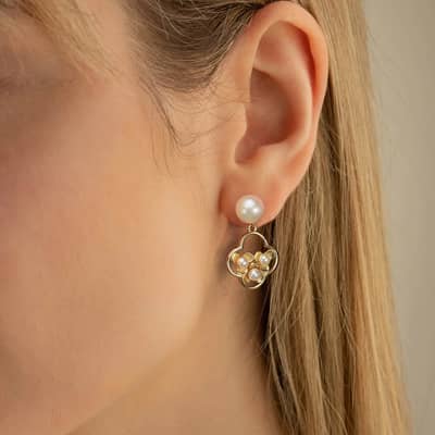 14K Gold Plated Pearl Dangle Stud Earrings Set Fashionable Freshwater Pearl detail 6