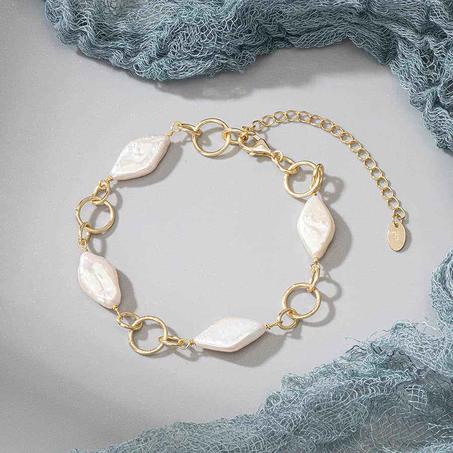 Baroque Pearl 925 Sterling Silver Gold Plated Chain Bracelet Elegant Natural Freshwater Pearl - main