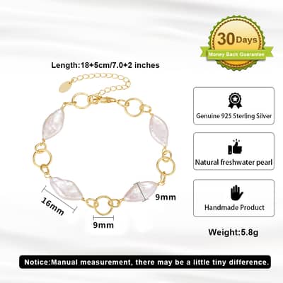 Baroque Pearl 925 Sterling Silver Gold Plated Chain Bracelet Elegant Natural Freshwater Pearl detail 5