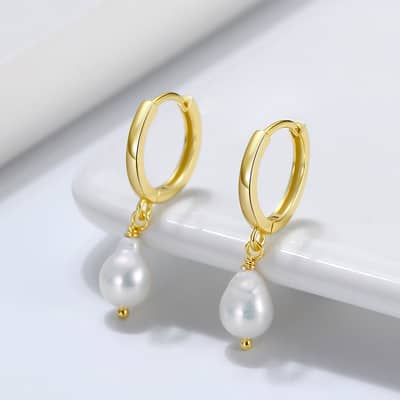 925 Sterling Silver Cultured Freshwater Pearl Drop Small Hoop Earrings 14K Gold Plated detail 2