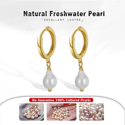 925 Sterling Silver Cultured Freshwater Pearl Drop Small Hoop Earrings 14K Gold Plated detail 6
