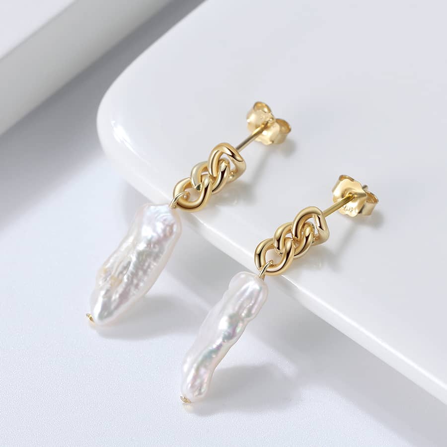 Luxury Vintage Irregular Baroque Freshwater Pearl 925 Sterling Silver 14K Gold Plated Cuban Link Drop Earrings - main