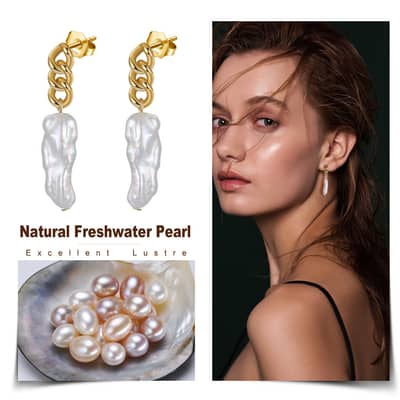 Luxury Vintage Irregular Baroque Freshwater Pearl 925 Sterling Silver 14K Gold Plated Cuban Link Drop Earrings detail 2