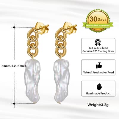 Luxury Vintage Irregular Baroque Freshwater Pearl 925 Sterling Silver 14K Gold Plated Cuban Link Drop Earrings detail 3