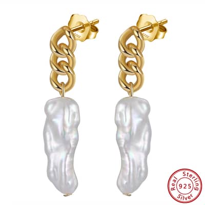 Luxury Vintage Irregular Baroque Freshwater Pearl 925 Sterling Silver 14K Gold Plated Cuban Link Drop Earrings detail 5