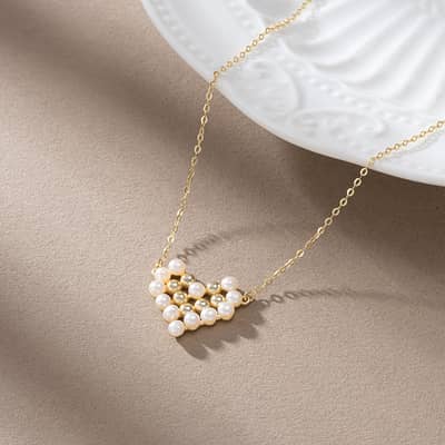 Luxury Shell Pearl Bead Necklace with Heart Charm Pendant, 14K Gold Plated 925 Sterling Silver