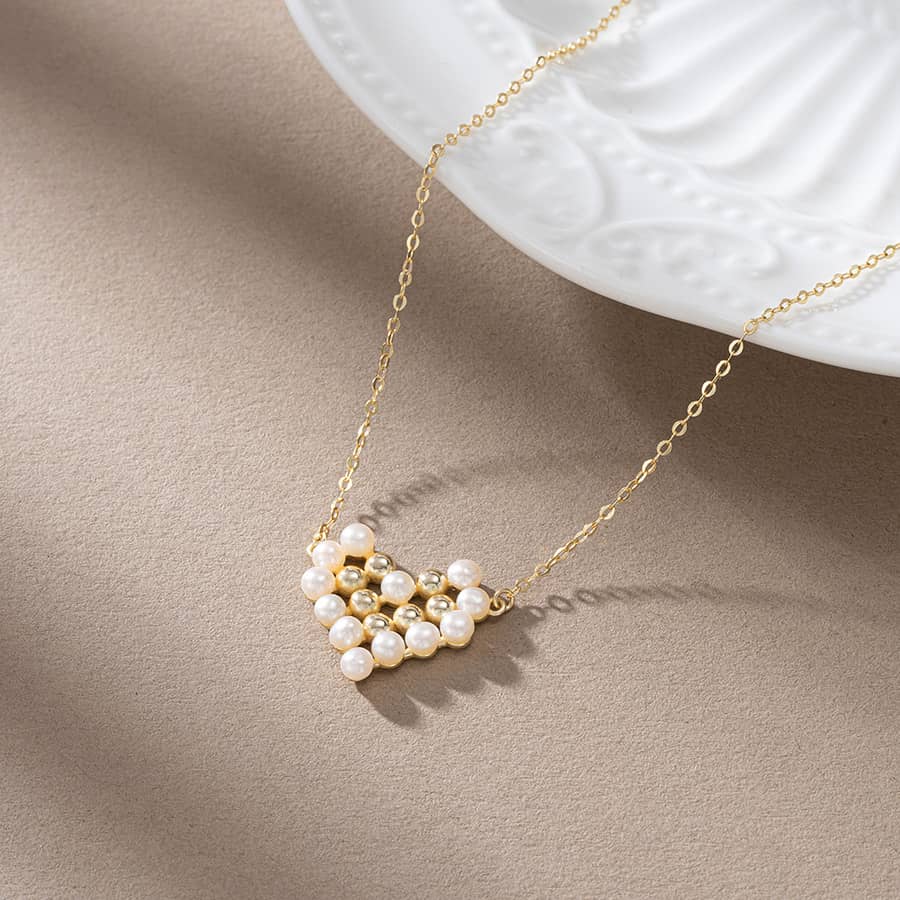 Luxury Shell Pearl Bead Necklace with Heart Charm Pendant, 14K Gold Plated 925 Sterling Silver - main