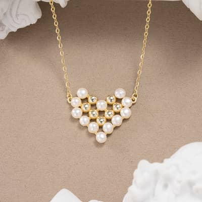 Luxury Shell Pearl Bead Necklace with Heart Charm Pendant, 14K Gold Plated 925 Sterling Silver detail 2