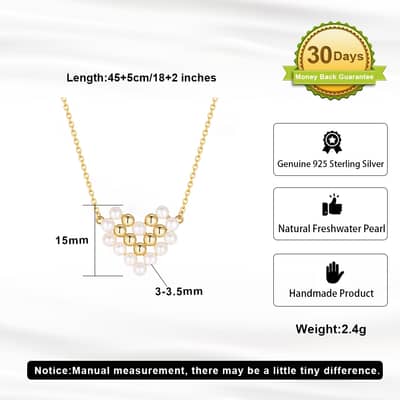 Luxury Shell Pearl Bead Necklace with Heart Charm Pendant, 14K Gold Plated 925 Sterling Silver detail 4