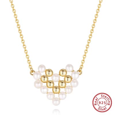 Luxury Shell Pearl Bead Necklace with Heart Charm Pendant, 14K Gold Plated 925 Sterling Silver detail 5