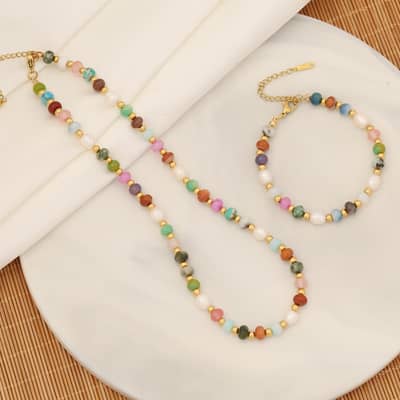 Natural Stone Freshwater Pearl Necklace Set Waterproof Stainless Steel PVD Coated detail 1