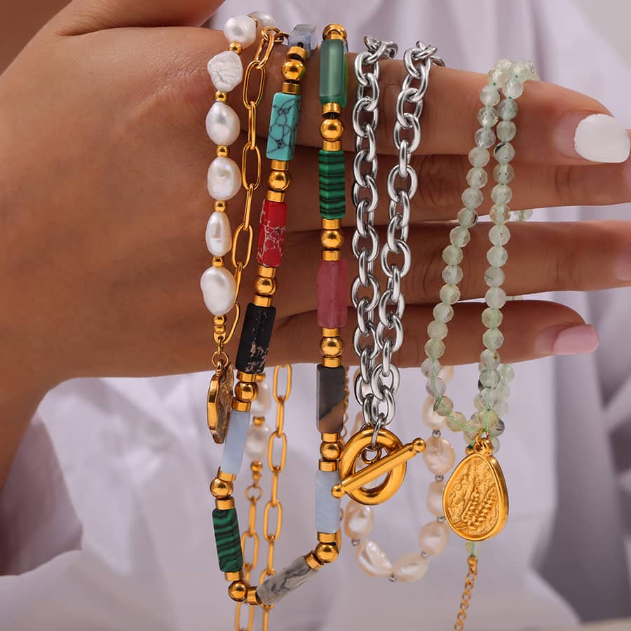 Natural Stone Necklace Waterproof Stainless Steel PVD Coated Freshwater Pearl - main
