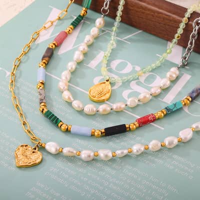 Natural Stone Necklace Waterproof Stainless Steel PVD Coated Freshwater Pearl detail 4