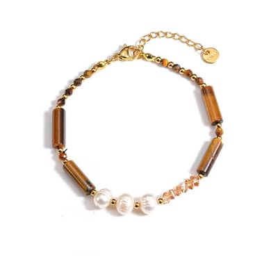 Natural Stone Handmade Beads Stainless Steel Bracelet Pearl 18K PVD Coated