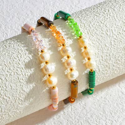 Natural Stone Handmade Beads Stainless Steel Bracelet Pearl 18K PVD Coated detail 2