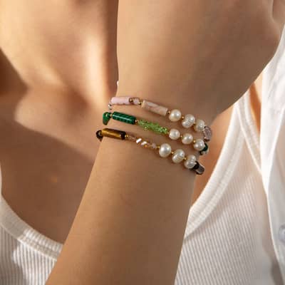 Natural Stone Handmade Beads Stainless Steel Bracelet Pearl 18K PVD Coated detail 3