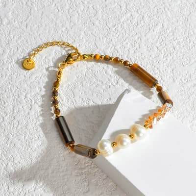 Natural Stone Handmade Beads Stainless Steel Bracelet Pearl 18K PVD Coated detail 4